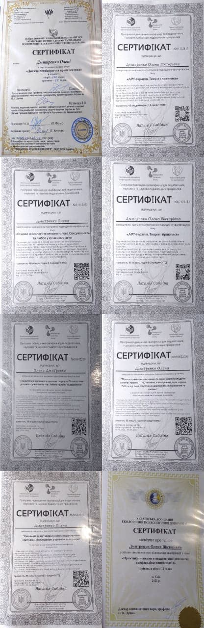 Сертифікат Дмитренко Олена з Психолог, Психосоматолог, Психолог для підлітків 2