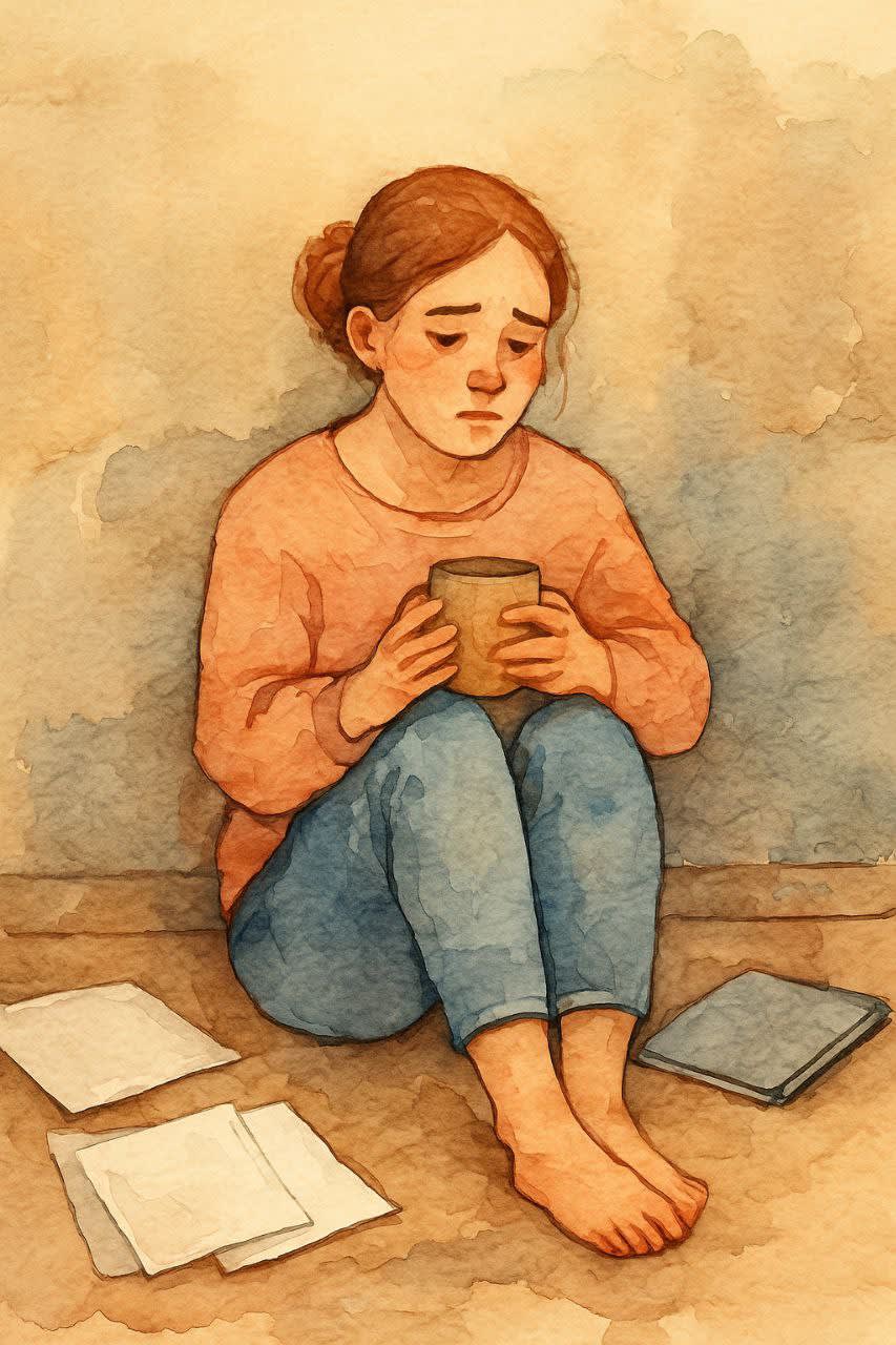 Людина сидить на підлозі біля столу, притуливши голову до колін, світло ледь торкається її спини