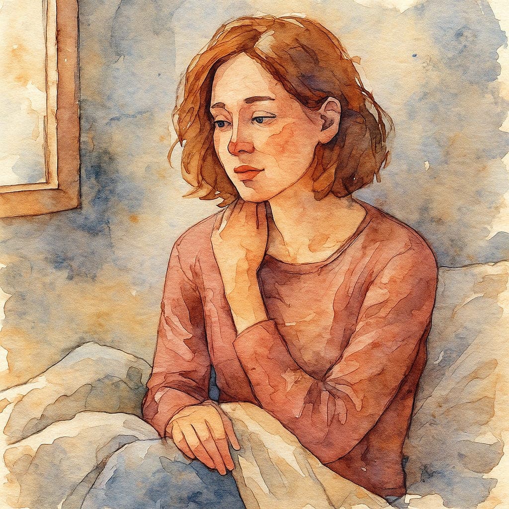 Акварельний портрет жінки, яка сидить біля вікна, занурена у тишу і спокій. Тепле світло, приглушені кольори, м’які риси обличчя — візуальний символ психологічної втоми, турботи про себе і внутрішнього відновлення.
