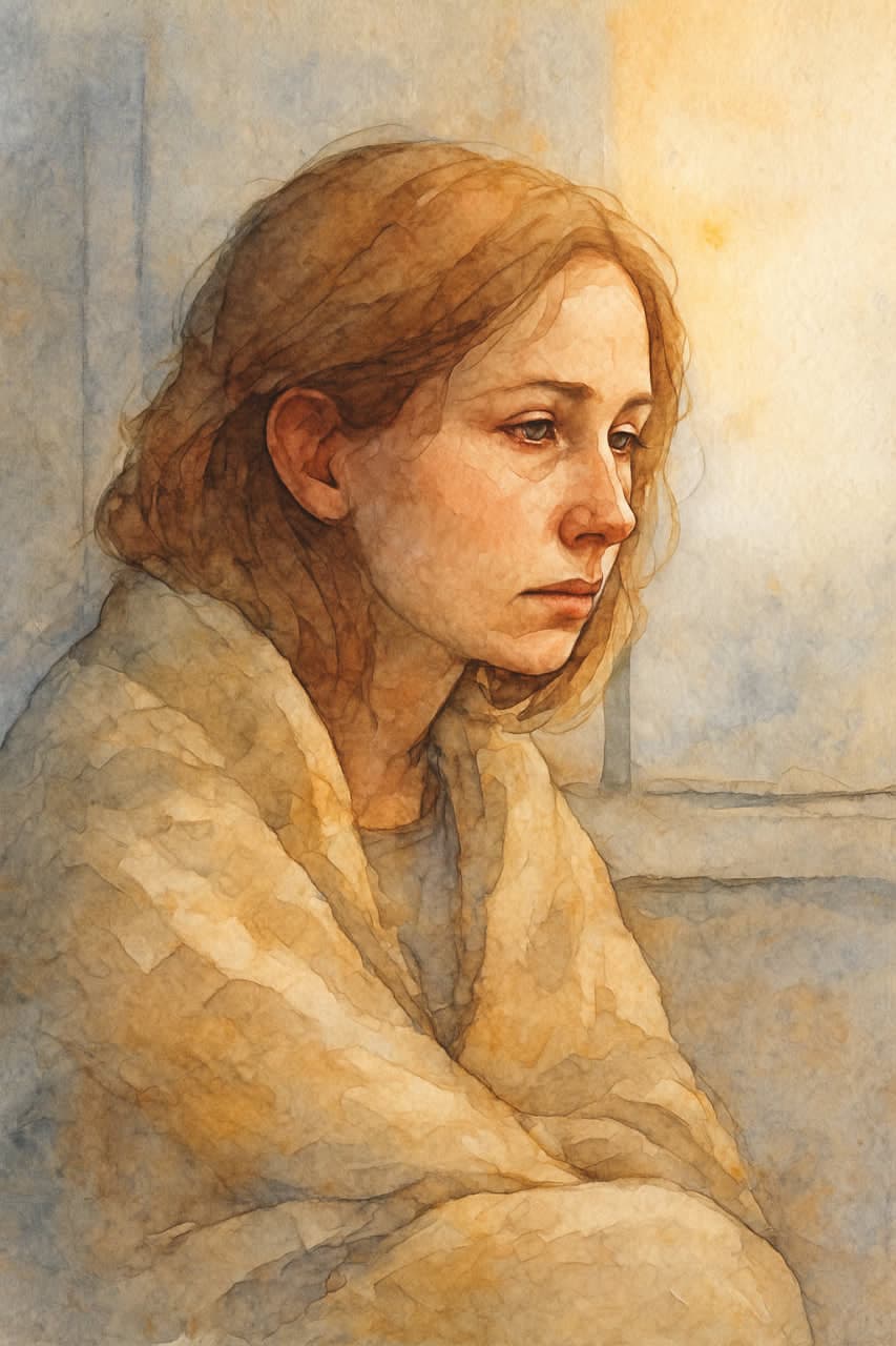 Акварельний портрет жінки, яка сидить у тиші, дивиться у вікно. М’яке світло торкається її обличчя, у погляді — спустошення і втома, але в рисах уже відчутна перша іскра внутрішнього відновлення.