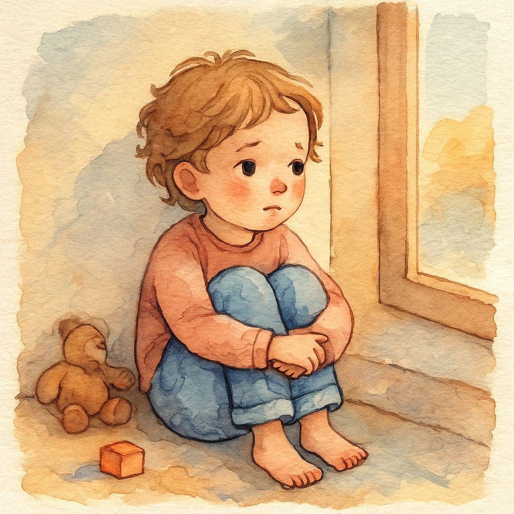 Психотерапія, дитячі кризи, тривожність — акварельний портрет дитини, яка сидить біля вікна, обіймаючи коліна, у погляді — обережність, ніжність і тиха надія на прийняття.