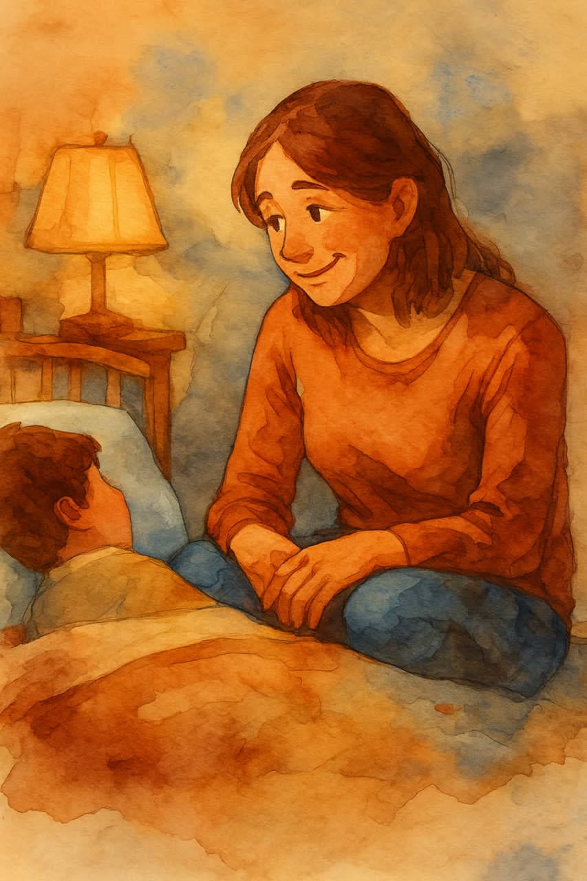 Психотерапія, тривожність, емоційне вигорання — акварельний портрет жінки, яка сидить біля дитячого ліжка в м’якому світлі, у її погляді — втома, ніжність і спроба прийняти себе як дорослу.