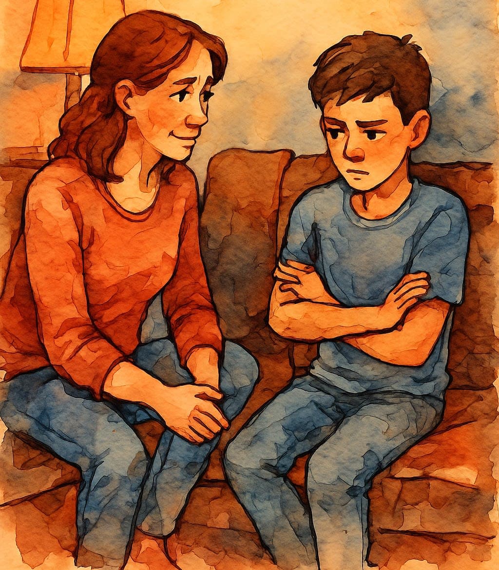 Психотерапія, тривожність, самопідтримка — акварельний портрет жінки, яка сидить поруч із дитиною у теплій кімнаті, її погляд спокійний і наповнений любов’ю, фон м’який, пастельний, світло розсіяне.