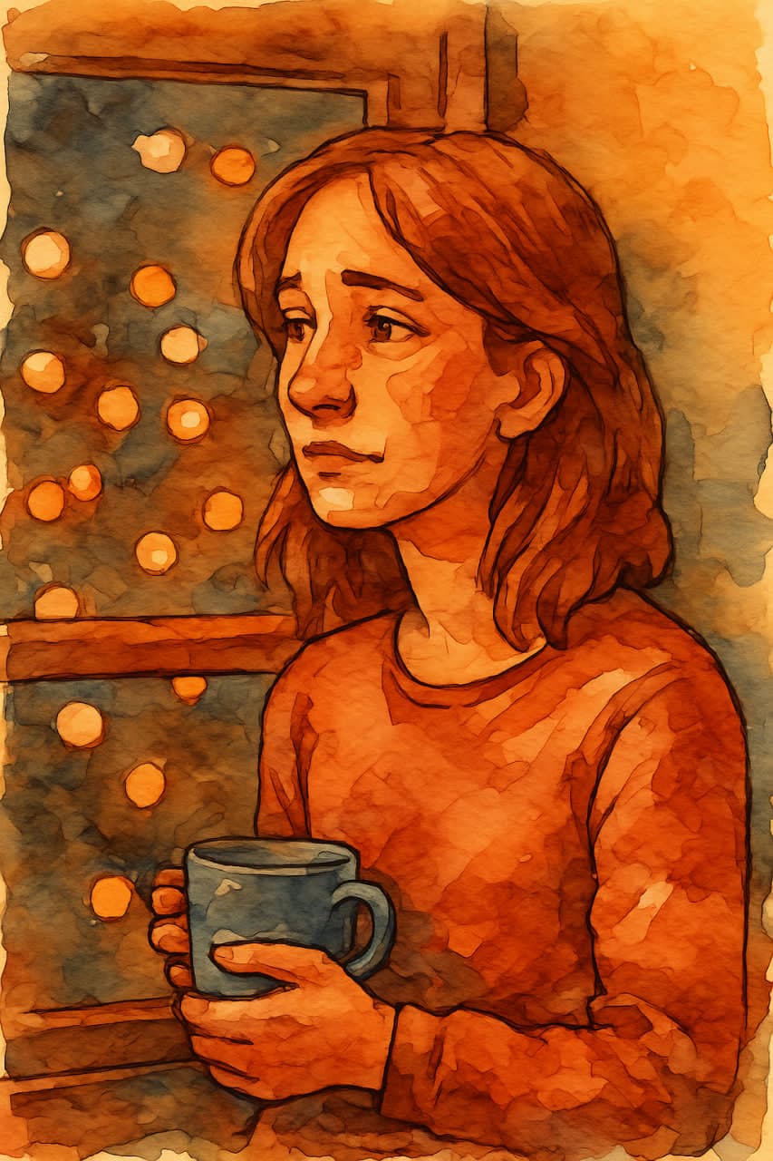 Психотерапія, тривожність, самопідтримка — акварельний портрет жінки, яка стоїть або сидить біля вікна, її обличчя освітлене теплим світлом, у погляді — легкий сум і спокійне прийняття, фон м’який, пастельний, абстрактний.