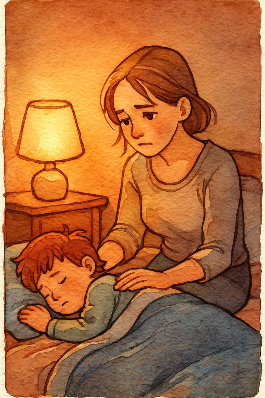 Психотерапія, батьківсько-дитячі стосунки, самопідтримка — акварельна ілюстрація матері, яка схилилась над дитиною, в очах — втома і любов, освітлення тепле, лампове, колірна палітра — охра, пісочний, рожевий, м’який синій.