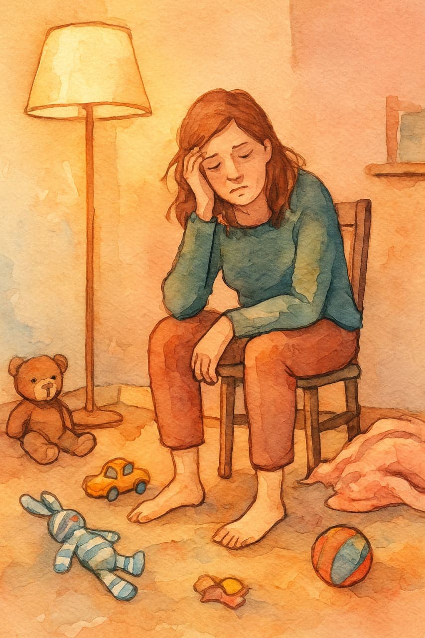 Психотерапія, ПТСР, тривожність, самопідтримка — акварельна сцена у теплих пастельних відтінках, жінка сидить біля вікна або дверей, схилившись, у руках — обличчя, навколо м’яке світло, відчуття втоми, але життя триває.