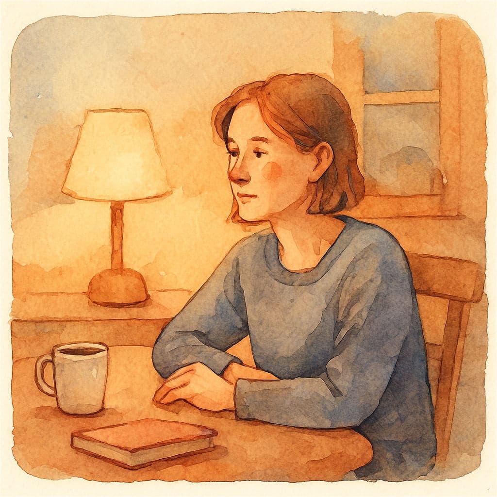 Акварельна ілюстрація жінки на кухні у стилі AlmaSpace — тепле вечірнє світло, спокій, прийняття себе, внутрішній спокій і відновлення.