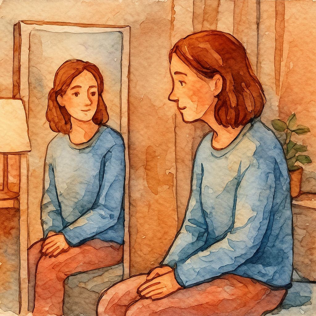 Акварельна ілюстрація у стилі AlmaSpace — жінка сидить біля вікна, у м’якому вечірньому світлі, спокійна, з натяком на усмішку. Атмосфера прийняття, внутрішнього спокою та відновлення.