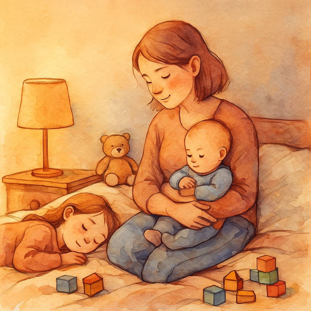 Акварельна ілюстрація AlmaSpace: мати сидить у теплій кімнаті поруч із двома дітьми, обличчя спокійне, з натяком на усмішку. Атмосфера ніжності, тиші та примирення.