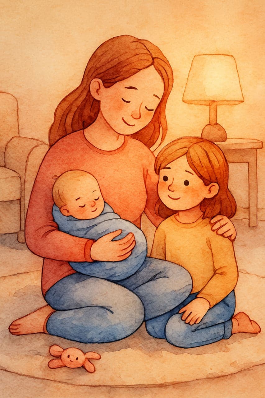 Акварельна ілюстрація AlmaSpace: мати тримає немовля, поруч сидить старша донька. Тепле вечірнє світло, м’який спокій і натяк на усмішку. Атмосфера любові без провини.