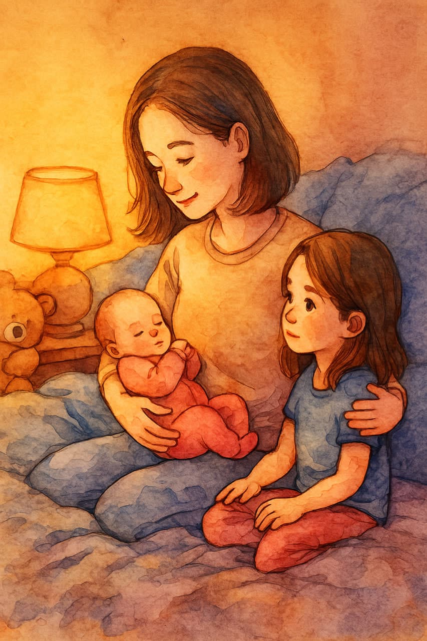 Акварельна ілюстрація AlmaSpace: мати тримає немовля, поруч сидить старша донька. Тепле лампове світло, атмосфера любові, прийняття і внутрішнього спокою.