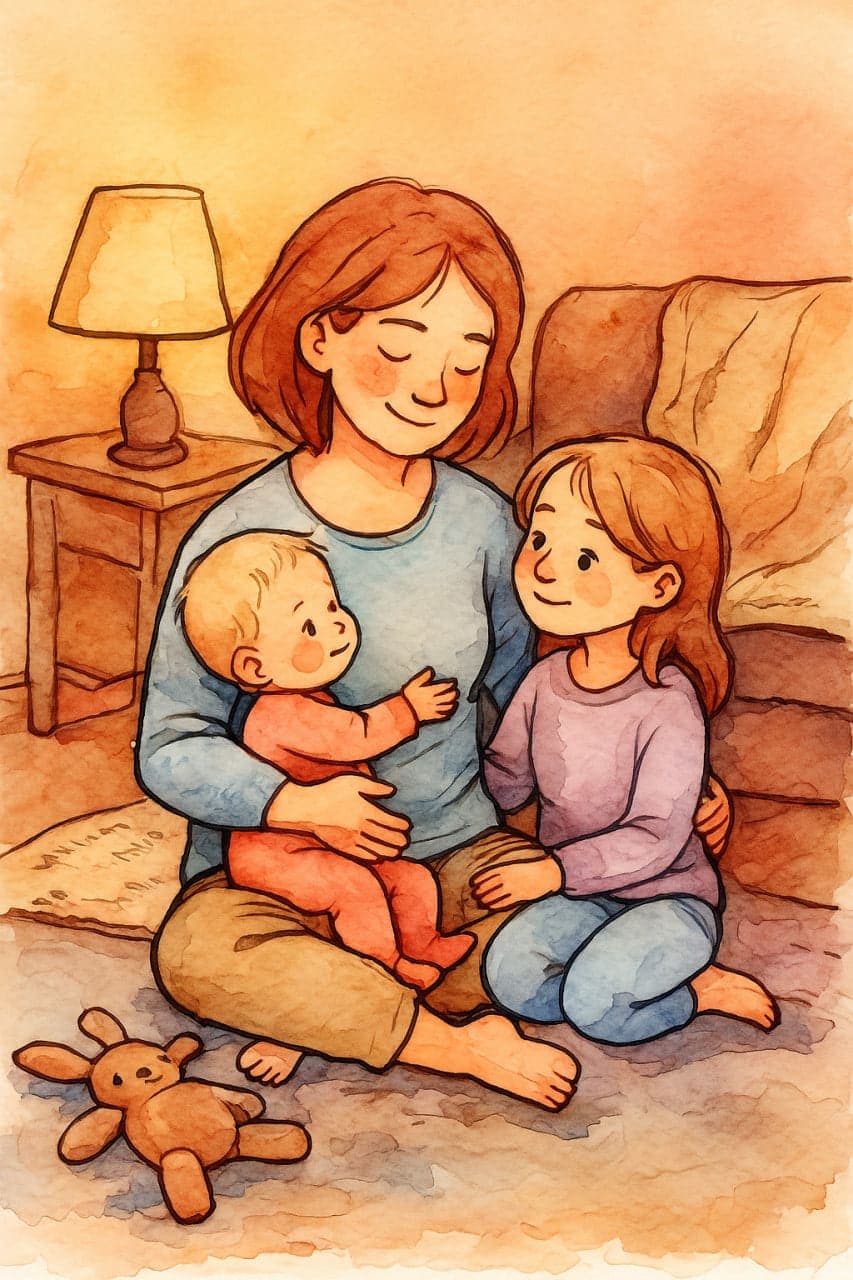 Акварельна ілюстрація AlmaSpace: мати сидить поруч із двома дітьми, одна на руках, інша — біля неї. Тепле лампове світло, атмосфера любові, прийняття й внутрішнього спокою.