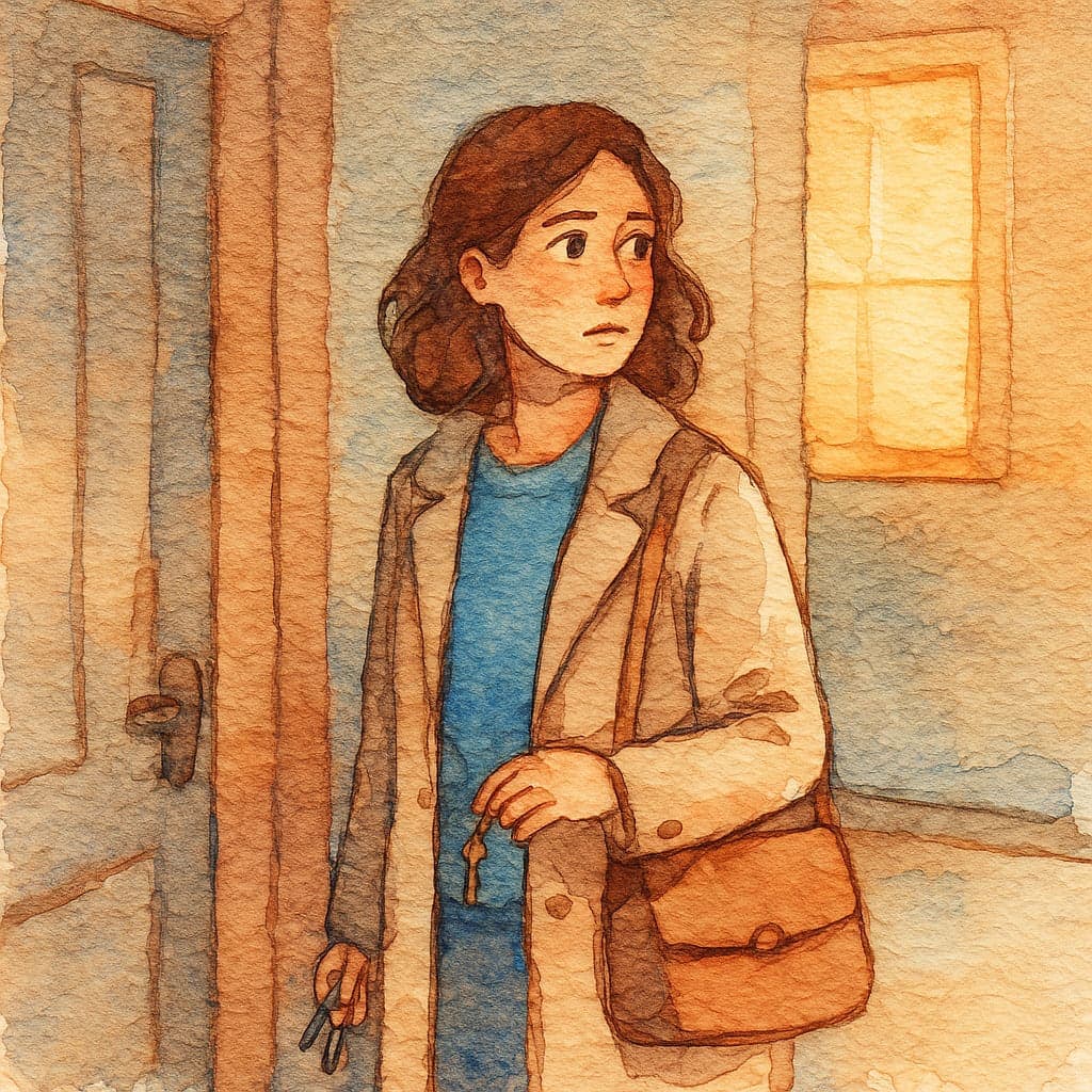 Акварельна ілюстрація AlmaSpace: жінка стоїть біля дверей дому, освітлена теплим світлом, у м’яких пастельних тонах. Атмосфера спокою, уважності й надії.