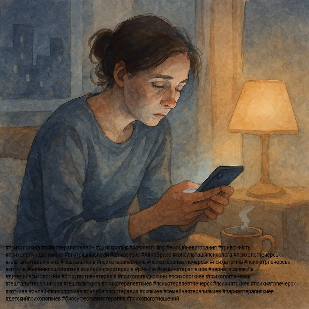 Думскролінг, тривожність і психотерапія - людина сидить у темній кімнаті з телефоном у руках, обличчя освітлене холодним світлом екрана, погляд втомлений і напружений, атмосфера інформаційного перевантаження та пошуку внутрішнього спокою.