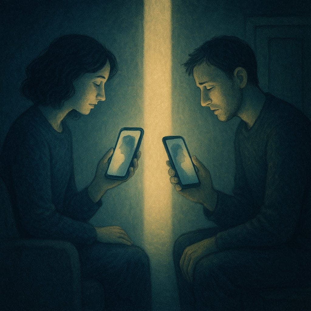 Психотерапія, тривожність, самопідтримка — людина перед екраном телефону, світло торкається обличчя, але замість тепла — відстань і тиша. AlmaSpace Київ.