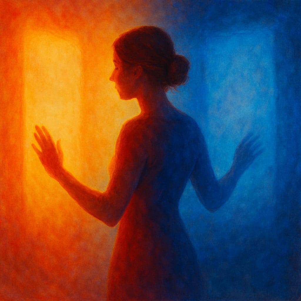 Жінка у внутрішній напрузі стоїть між минулим і теперішнім, символічні силуети, психотерапія, стосунки, Київ.