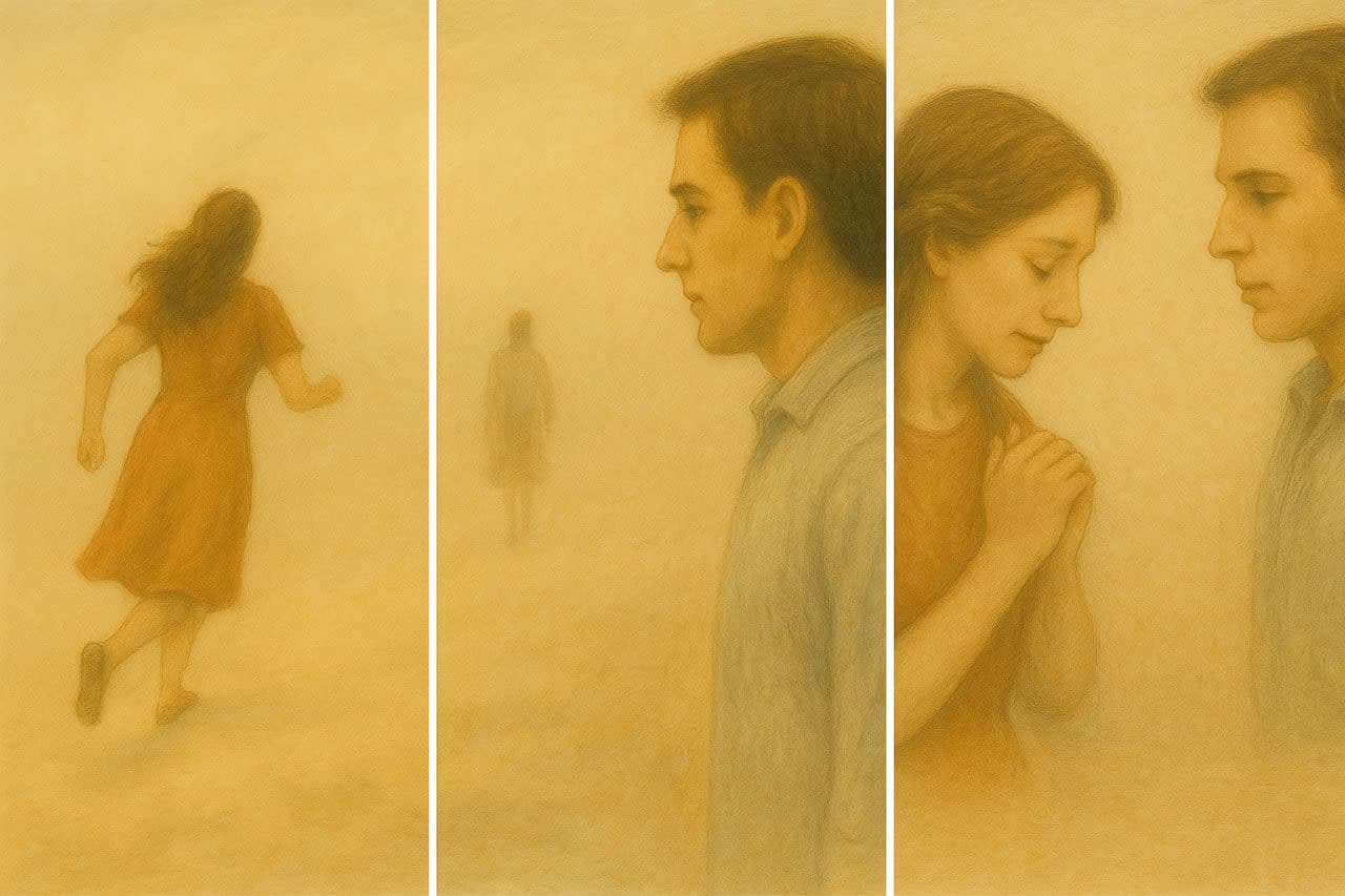 Психотерапія тривожність емоційне вигорання самопідтримка відновлення – абстрактна пастельна ілюстрація жінки, яка уникає розмови у стосунках, символічна дистанція й м’яке світіння підтримки.